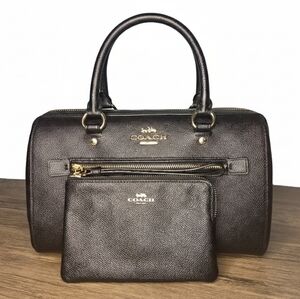 Coach Rowan Satchel Bag| Black Leather Handbag and Wristlet Set